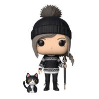 A Pop! Vinyl design created to represent White Raven Creatives Conversion Partner Ginny Grimsley wearing a beanie hat, holding a large pen like a cane & standing with her cat, Liir. 