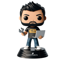 A Pop! Vinyl design created to represent White Raven Creatives Technologist Partner Bryan Ossa wearing a Star Wars t-shirt, holding a large wrench & a laptop computer. 