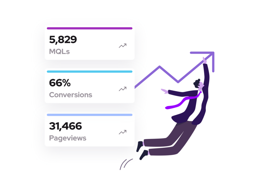 Three cards showing upward trends in marketing data points like MQLs, conversions, & website page views with a blue arrow pointing up as it would on a graph that tracks improvements in a HubSpot marketing system. A business professional holds onto the arrow & a HubSpot sprocket with White Ravens flying beside him. 