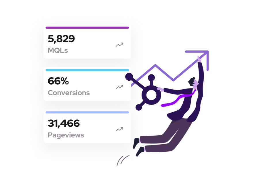 Three cards showing upward trends in marketing data points like MQLs, conversions, & website page views with a blue arrow pointing up as it would on a graph that tracks improvements in a HubSpot marketing system. A business professional holds onto the arrow & a HubSpot sprocket with White Ravens flying beside him. 