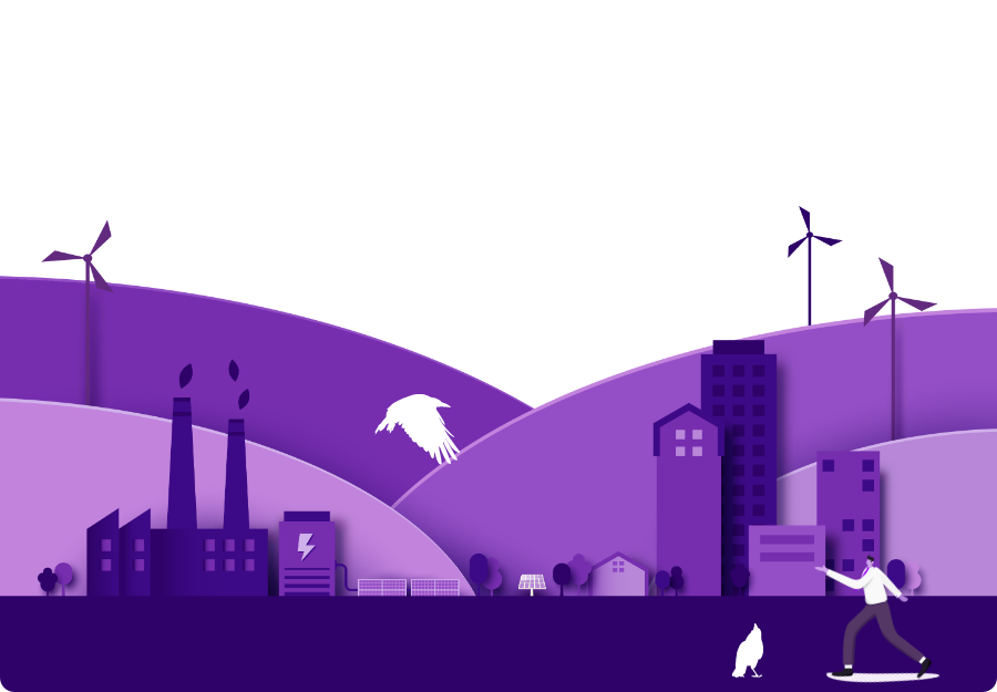 A graphic design created by White Raven Creatives using brand shades of purple. A person is standing with a white raven in the foreground of a small city with businesses, industries, trees, & windmills with rolling hills in the background & white clouds in the sky.