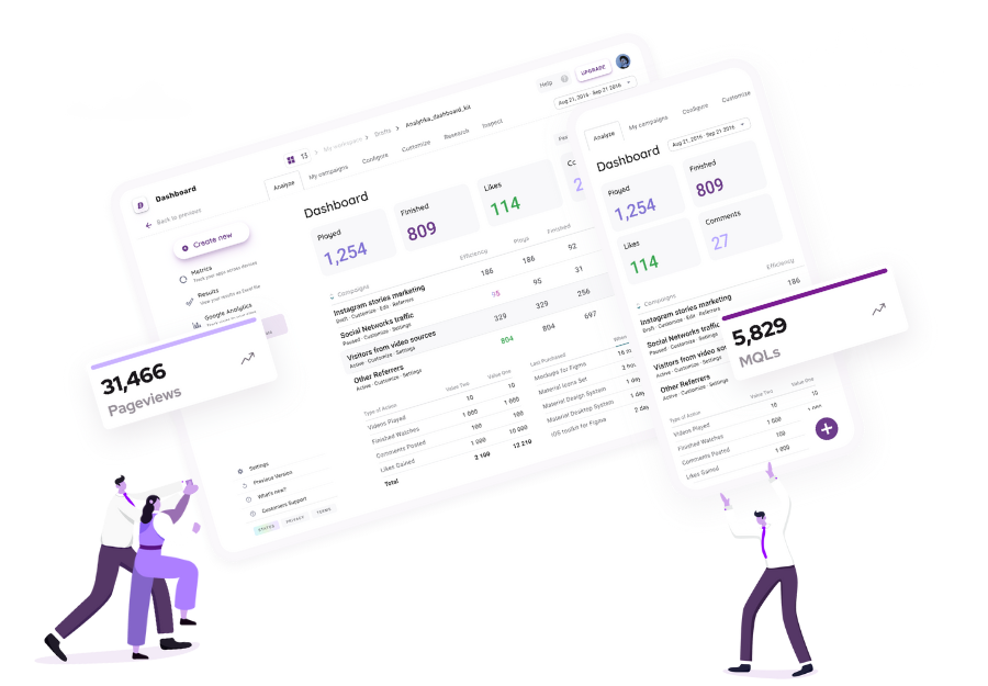 A graphic design created by White Raven showing small business professionals holding up HubSpot data dashboards full of information about the success of a website & marketing system through specific data points. 