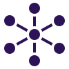 A dark purple icon of six circles connected to a central hub circle by lines to represent the integration between websites & tools that the White Raven team can build for their website development clients.