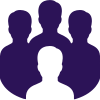 A dark purple & white icon that shows the silhouettes of three professionals surrounding one in the center to represent how White Raven Creatives care for their clients. 